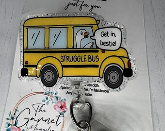 Struggle Bus Captain drive Duckie Bestie Duck Cute Gift Fun Reel | Retractable ID Holder | Funny Nurse Hospital Worker  | Glitter Badge Reel