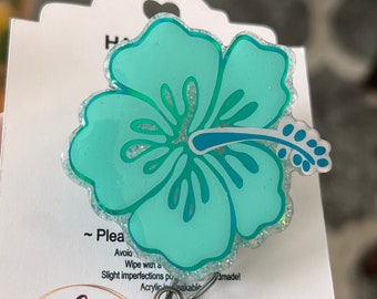 Teal Hibiscus Summer Flower Badge Reel | Retractable ID Holder | Medical Nurse Badge Reel | Glitter Gift for Her | Teacher Lanyard