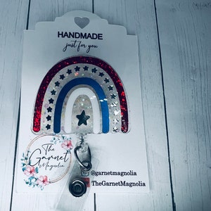 4 juli patriottische regenboogvlag rood wit blauw badgehaspel | Intrekbare ID-houder | RN Verpleegkundige Ziekenhuismedewerker | Leraar Glitter Sparkle
