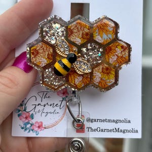 Honey Bee Hive Comb gold sunflower charm rhinestone holographic Badge Reel | Interchangeable Reel | Coworker Gift | Spring Summer Badge