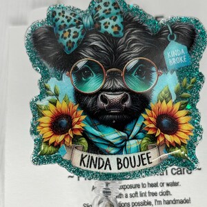 Highland Cow Kinda Broke Sunflower Boujee Teal  Animal print fun badge Reel | Retractable ID Holder | Fun Badge Topper | Retractable Badge