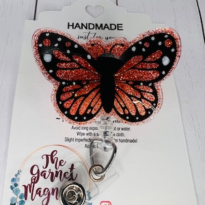 Monarch Black butter fly ombré orange badge reel | Hospital Worker | Glitter badge Reel | Butterfly Badge | Gift for Her | Teacher Gift