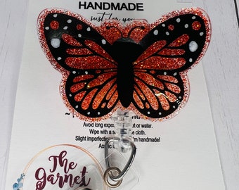 Monarch Black butter fly ombré orange badge reel | Hospital Worker | Glitter badge Reel | Butterfly Badge | Gift for Her | Teacher Gift
