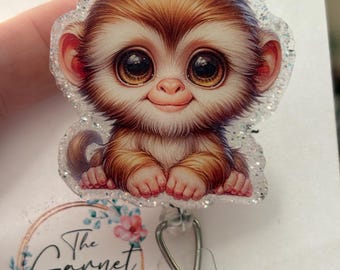 Cute Monkey Baby Safari Animal vet tech watercolor Badge | Retractable ID Holder | Medical Badge | Glitter Sparkle Teacher | Gift for Her