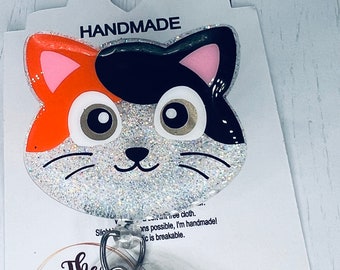 Orange Calico Cat happy Kitty Badge Reel | Retractable ID Holder | Nurse Badge Reel | Gift for Her | Glitter Teacher Badge | Animal Lover