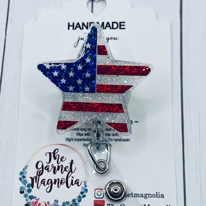 Patriotic Star Badge Reel July 4th Memorial Day | Red White Blue| America Badge | Medical Worker | Gift for Her Him | Retractable Badge Reel