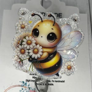 Schattige bij, madeliefje, bloemen, honingbij, honingraat, badgehaspel | Intrekbare ID-houder | LPN RN Verpleegkundige Ziekenhuismedewerker | Leraar Glitter Sparkle