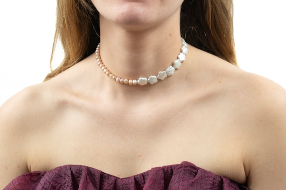 Pearl Necklace with Half Flower Shaped/Half Pink Freshwater Pearls