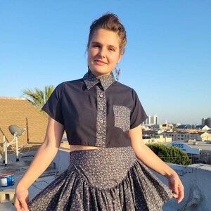 Navy Blue Crop Top with Silver and Maroon Floral Collar Yoke and Pocket