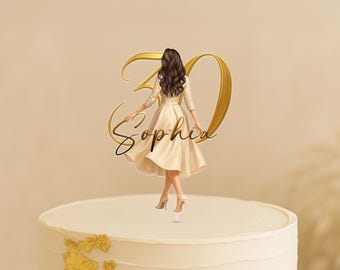 Custom Birthday Cake Topper with Name & Golden Number, Woman Character,Dress and Hair, Unique 18th,21st,30th,40th,50th,60th Party Decoration
