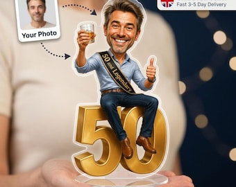 Personalised 50 and Legendary Birthday Caricature Standee, UV Printed Custom Photo Gift for Him, Any Age 30th 40th 50th 60th