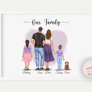 May include: A digital illustration of a family of five standing together with their backs to the viewer. The family is standing in front of a purple heart. The text "Our Family" is written above the family. The names of the family members are written below the family: Brittany, Shane, Helen, Tommy, and Teresa.