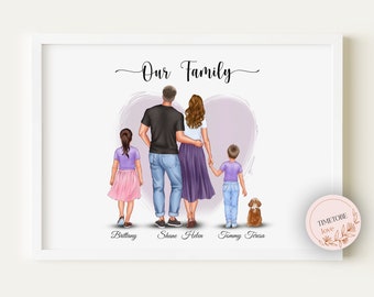 Puede incluir: Una ilustración digital de una familia de cinco personas de pie juntas con la espalda al espectador. La familia está de pie frente a un corazón morado. El texto "Our Family" está escrito sobre la familia. Los nombres de los miembros de la familia están escritos debajo de la familia: Brittany, Shane, Helen, Tommy y Teresa.