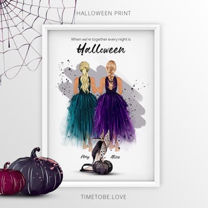 Może przedstawiać: Druk w stylu Halloween przedstawiający dwie kobiety w fioletowych i turkusowych sukienkach z tekstem "When we're together every night is Halloween". Druk zawiera r&oacute;wnież imiona "Mary" i "Alice" oraz tekst "TIMEtobe.LOVE".