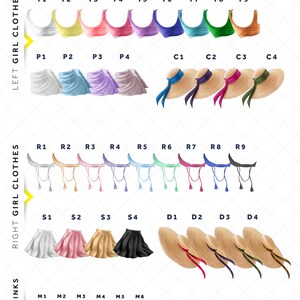 May include: A digital illustration of a customisable girl avatar with options for tops, skirts, hats, and drinks. The illustration includes a colour palette for skin tones and a variety of clothing and accessory options.