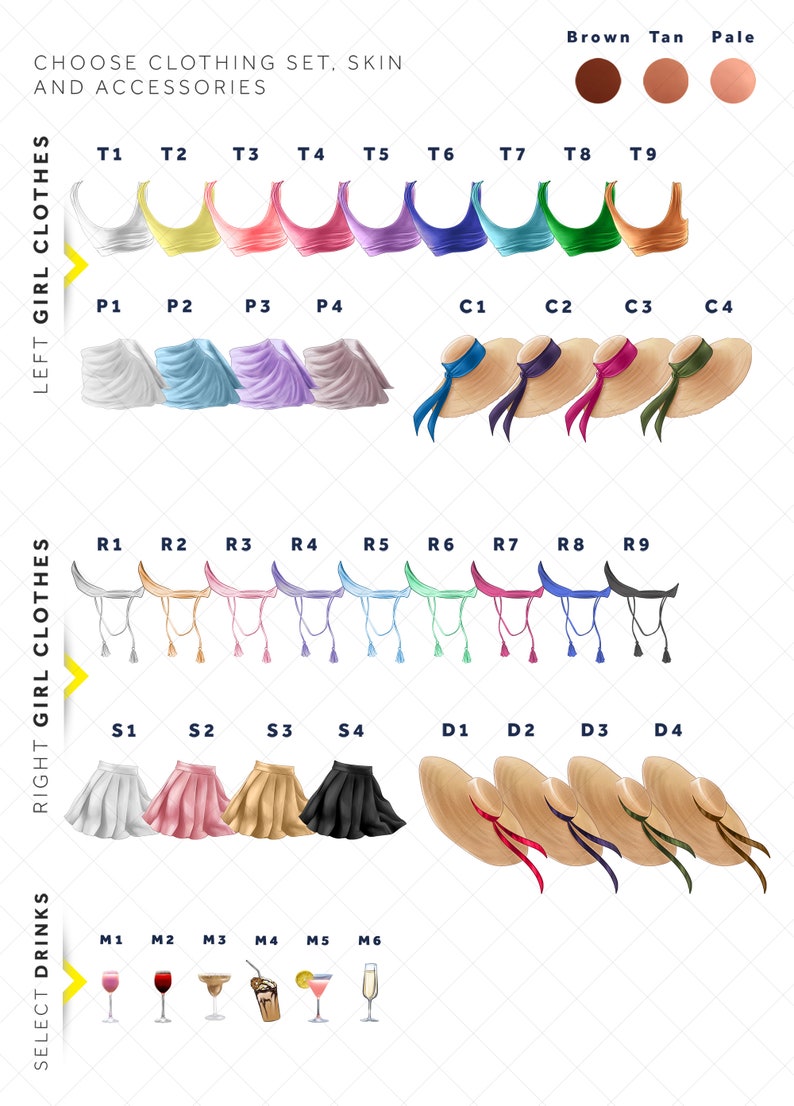 May include: A digital illustration of a customisable girl avatar with options for tops, skirts, hats, and drinks. The illustration includes a colour palette for skin tones and a variety of clothing and accessory options.