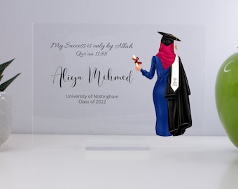 May include: A graduation announcement with a blue and black graduation gown, a red hijab, and a graduation cap. The text reads "My Success is only by Allah Qur'an 1188 Aliya Mehmed University of Nottingham Class of 2022".