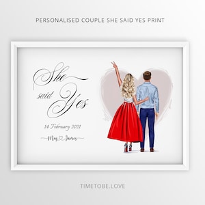 She said yes, Personalized Couple Portrait, Engagement Gift, Couple gift, Custom Couple Portrait, Tinder gift,Valentines Print, Framed print