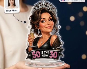 50th Birthday Gift for Her, Personalised Caricature Standee from Photo, Custom Acrylic Cake Topper, 50 is the New 30 Party Decor, UK Made