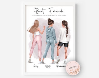 Gift for your best friend, 3 Best friends, Best friend birthday gift, 21st birthday gift for friend, Best Friend Portrait, friendship gift