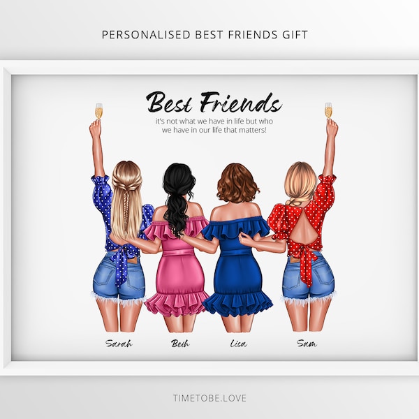 Best Friends print, Friendship print, bestie print, 4 or 6 Friends Group, sister print, bff gift, friend print,Letterbox gift,Framed print