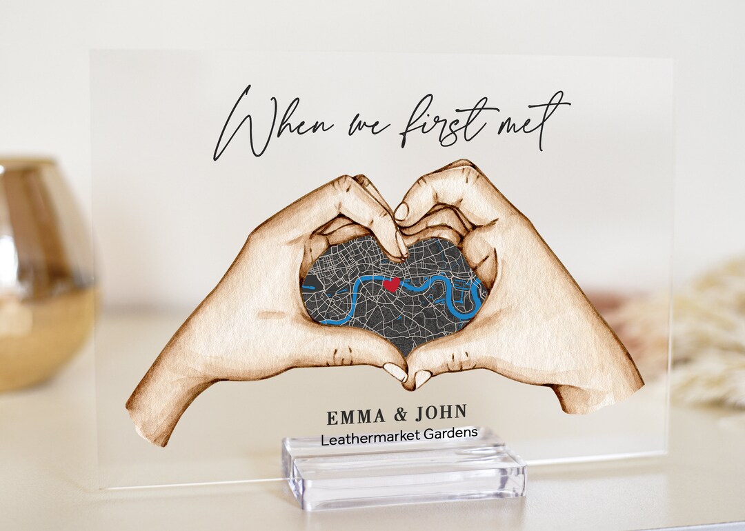 Stylish Plaque With Heart Shaped Hands and Map Inside, First Date Map Acrylic Plaque, Map Our
