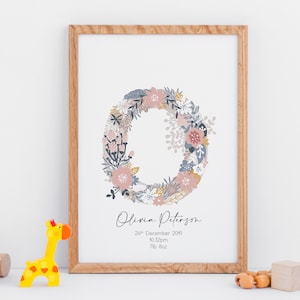 Impresión personalizada de estadísticas de nacimiento del bebé, Nuevo regalo para bebés, Impresión de monograma, Monograma personalizado, Impresión de carta de monograma floral Regalo de bautizo