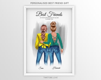 May include: A white framed print with a gray background featuring two women with their arms around each other. The women are wearing jeans, one is wearing a yellow shirt and the other is wearing a green shirt. The text "Best Friends are hard to find because the very best is already mine" is printed above the women. The names "Sam" and "Hannah" are printed below the women. The text "TIMETOBE.LOVE" is printed at the bottom of the print.