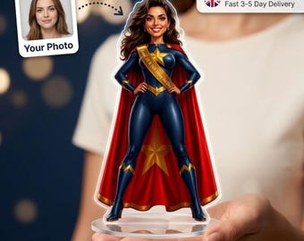 Superhero 40th Birthday Gift for Her, Personalised Caricature Standee from Photo, Custom Acrylic Cake Topper with Name, Any Age, UK Made