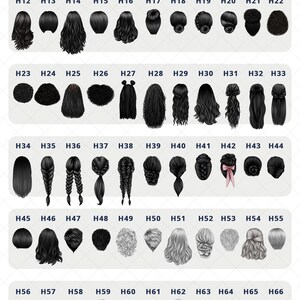 May include: A chart of 77 different hairstyles for women. The hairstyles are numbered H1 through H77 and are arranged in rows of 11. The hairstyles are all black, gray, or blonde.
