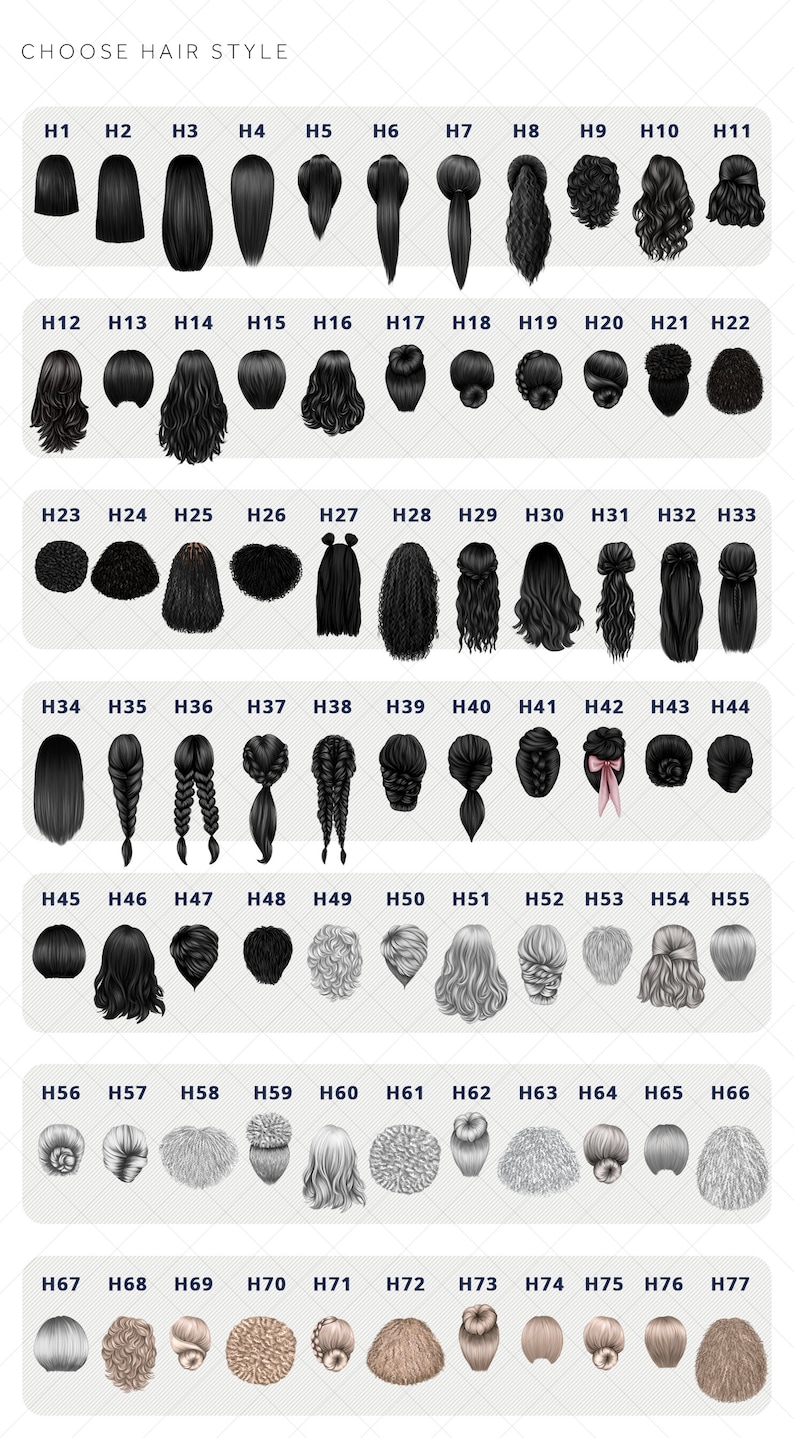 May include: A chart of 77 different hairstyles for women. The hairstyles are numbered H1 through H77 and are arranged in rows of 11. The hairstyles are all black, gray, or blonde.