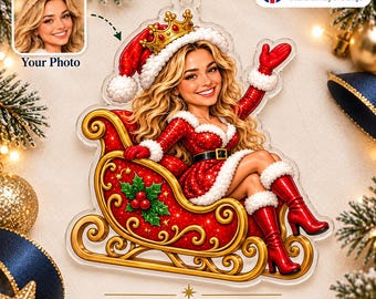Personalised Face Bauble, Sleigh Queen Slay Ornament, Funny Photo Gift for Her, Glam Secret Santa Stocking Filler for Bestie, UK Made