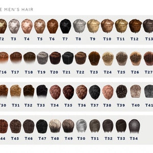 May include: A chart with 54 different hairstyles for men. The hairstyles are shown from the back of the head. The hairstyles are numbered from T1 to T54.