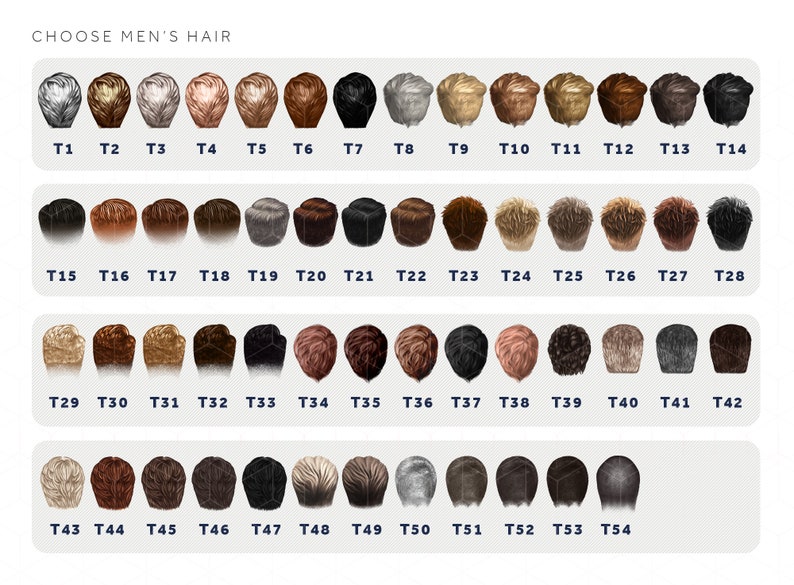 May include: A chart with 54 different hairstyles for men. The hairstyles are shown from the back of the head. The hairstyles are numbered from T1 to T54.
