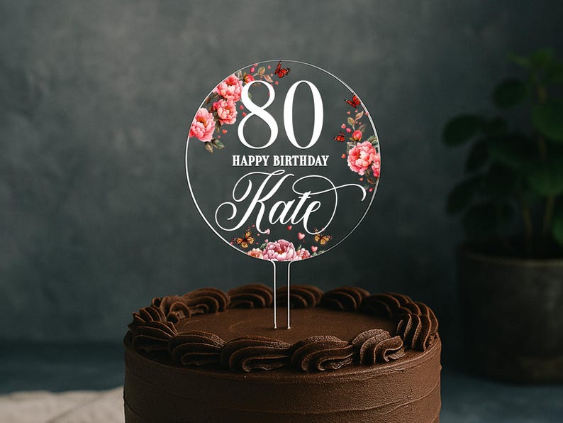 80. Geburtstag Blumen-Kuchendeckel, personalisierte klare Acryl-Runde mit Namen & Alter, elegante Meilenstein-Kuchendekoration für 70er, 90er, jedes Alter Bild 9