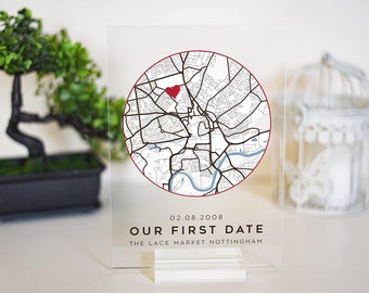 Eerste datum kaart, waar we elkaar hebben ontmoet kaart, kaart onze eerste date gepersonaliseerde acryl plaquette, verjaardag van de vrouw, vriendin cadeau, cadeaus voor vriend