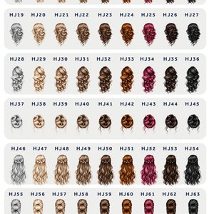 May include: A chart displaying 81 different hairstyles for women. The hairstyles are arranged in rows and columns, and each hairstyle is labelled with a number. The hairstyles include a variety of styles, such as braids, buns, ponytails, and curls.