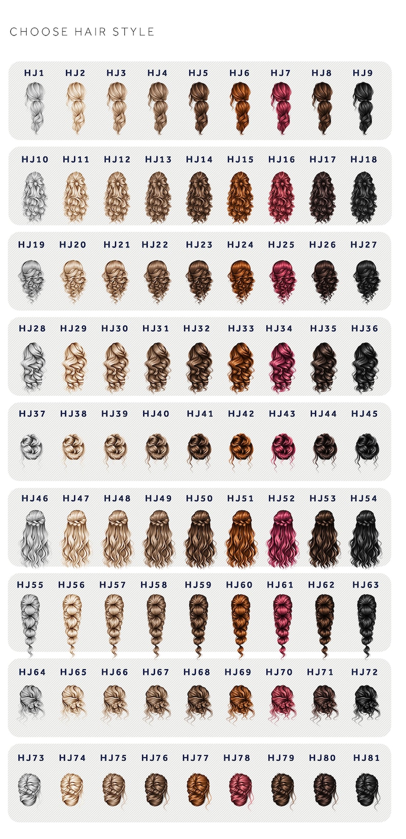 May include: A chart displaying 81 different hairstyles for women. The hairstyles are arranged in rows and columns, and each hairstyle is labelled with a number. The hairstyles include a variety of styles, such as braids, buns, ponytails, and curls.