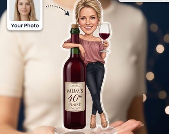 40th Birthday Gift for Mum, Custom Wine Caricature Photo Standee, Personalised Acrylic Cake Topper with Name, Wine Lover Gift, UK Made