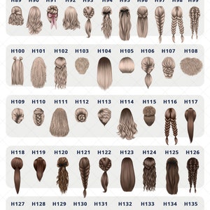 May include: A chart of 144 different hairstyles for women. The hairstyles are numbered from H78 to H144. The hairstyles are all drawn in a cartoon style.