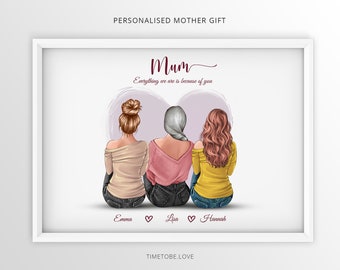 Mother and daughters print, Personalised Mothers Day Gift, Mum Gift, Family Portrait, Gift for Mum, Mother and daughters print, framed print
