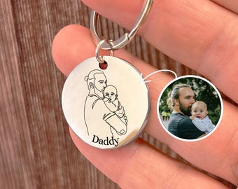 Custom Photo Line Art Keychain, Personalised Daddy Keyring from Photo, Engraved Father's Day Gift For Him, Present Daddy Dad Father