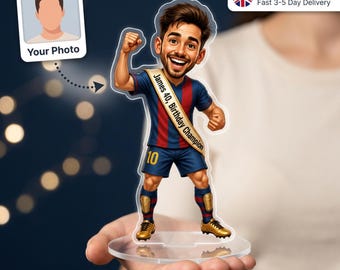Football Gift for Him, Personalised Caricature Standee from Photo, Custom Acrylic Birthday Cake Topper with Name, 30th 40th 50th, UK Made
