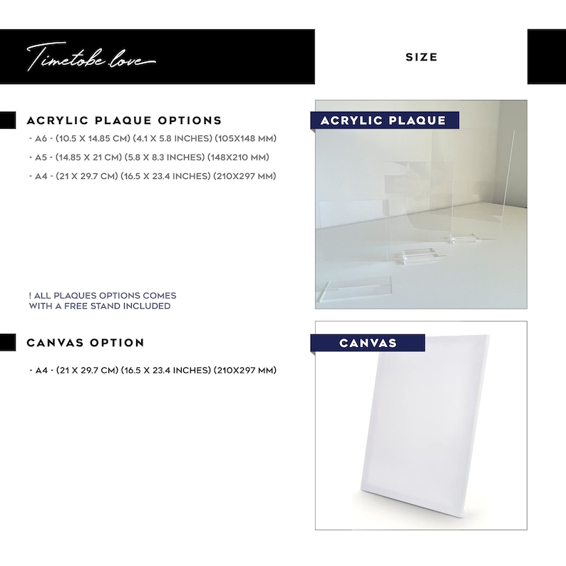 May include: A white acrylic plaque with a clear stand. The plaque is available in three sizes: A6 (10.5 x 14.85 cm), A5 (14.85 x 21 cm), and A4 (21 x 29.7 cm). A white canvas with a white stand is also available in A4 size (21 x 29.7 cm).
