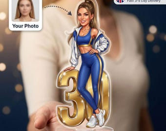 30th Birthday Gift for Her, Custom Gym Caricature Photo Standee, Personalised Acrylic Cake Topper with Age, Fitness Gift for Her, UK Made
