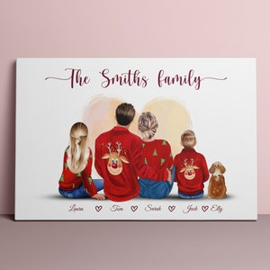 May include: A Christmas-themed illustration of a family of four wearing red sweaters with reindeer designs. The family is standing in front of a white background with the text "The Smiths family" at the top. The names Laura, Tom, Sarah, Jack, and Elly are written below the family.