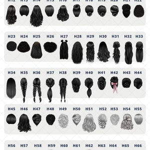 May include: A chart displaying 77 different hairstyles for women. The hairstyles are shown in black, grey, and blonde. The chart is labelled with numbers H1 through H77.