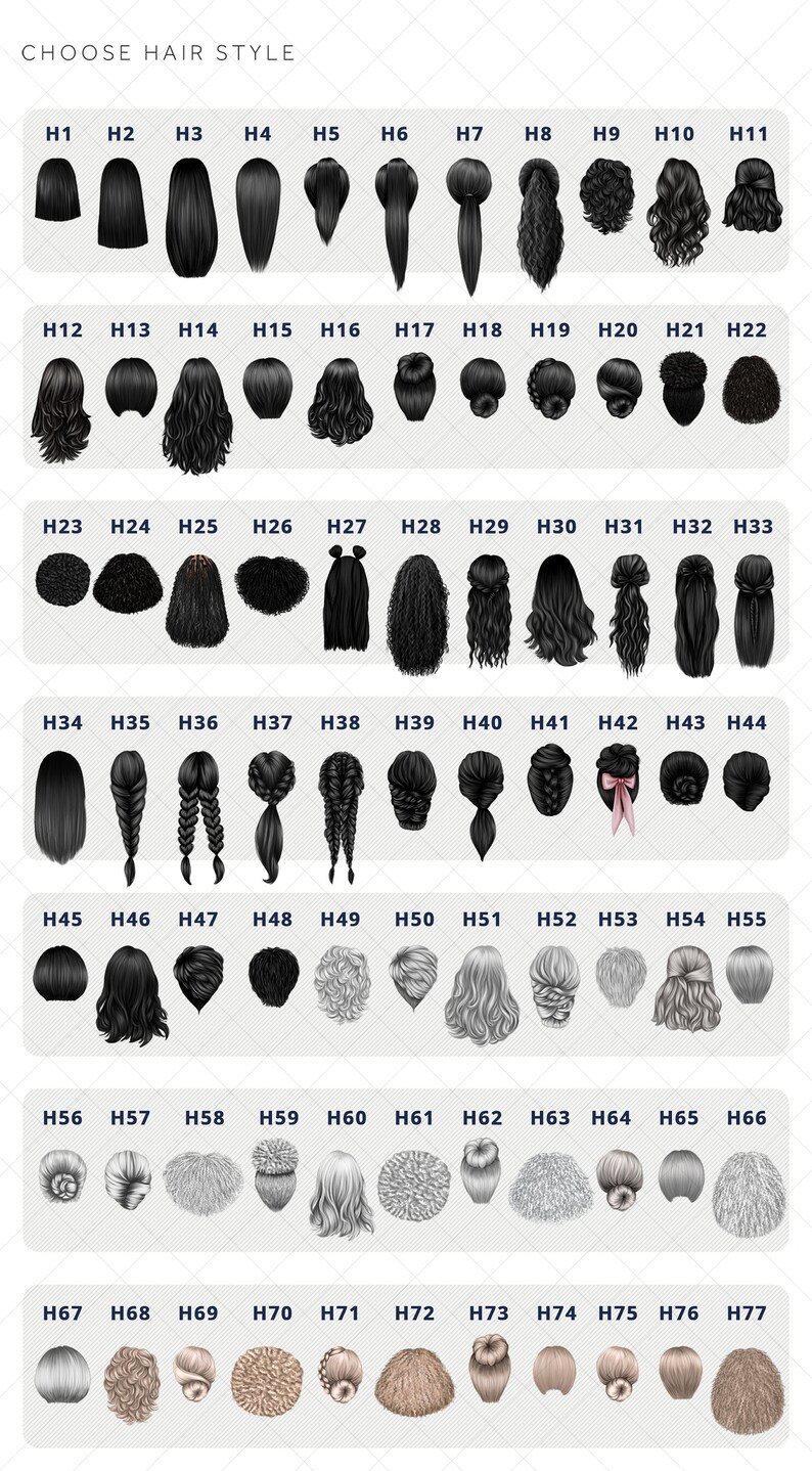 May include: A chart displaying 77 different hairstyles for women. The hairstyles are shown in black, grey, and blonde. The chart is labelled with numbers H1 through H77.