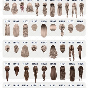 May include: A chart of 44 different hairstyles for women, labelled with numbers H78 through H144.