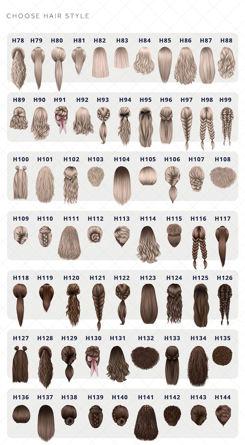 May include: A chart of 44 different hairstyles for women, labelled with numbers H78 through H144.